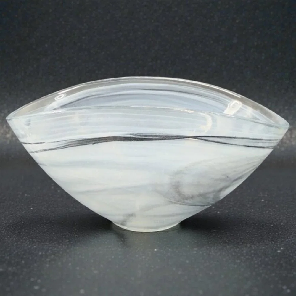 Venetian‎ Art Glass Curved Dish Bowl Recycle Glass Black Swirl Pattern Italy VTG